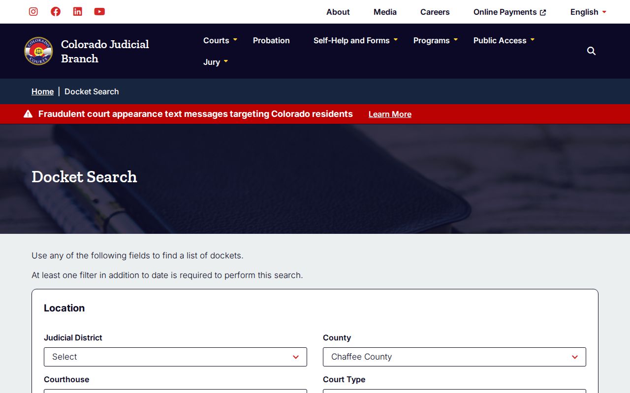 Chaffee County warrant lookup docket fields