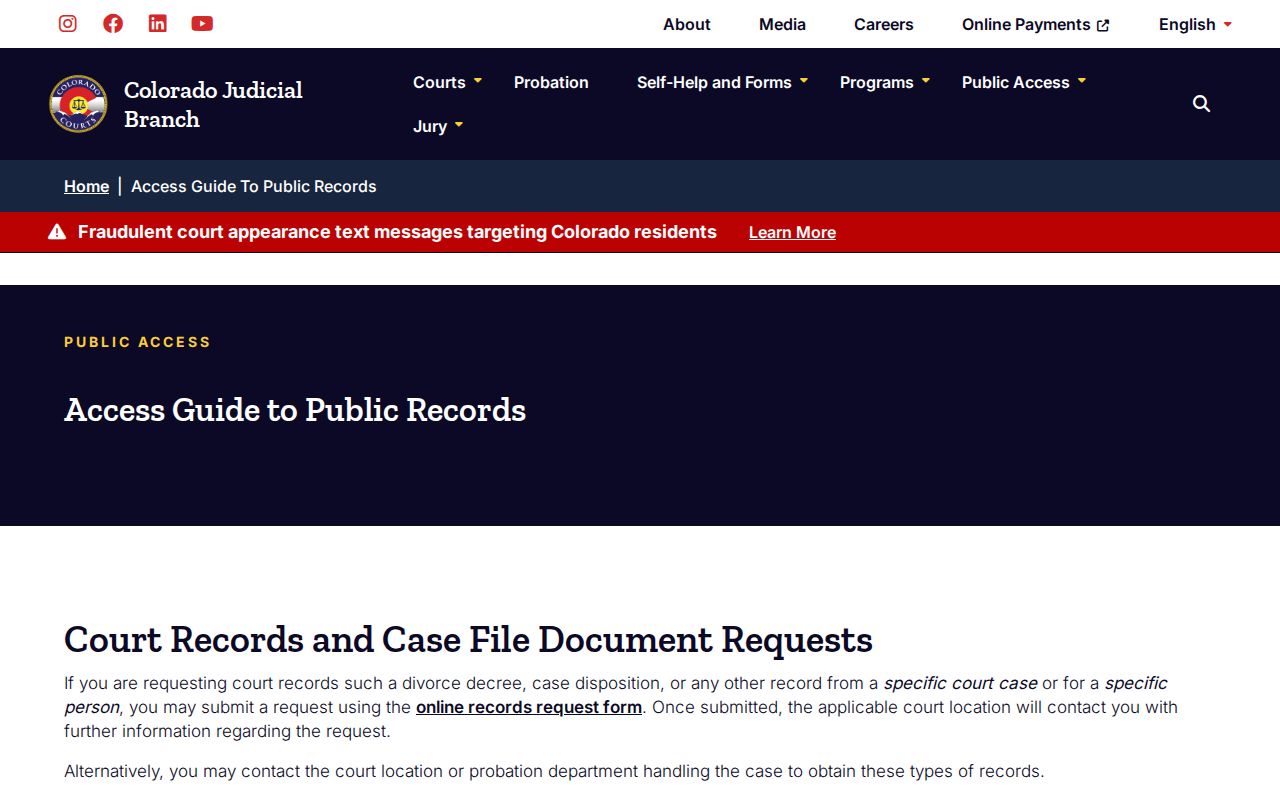 Colorado Judicial public access guide distinguishing court records and restricted information