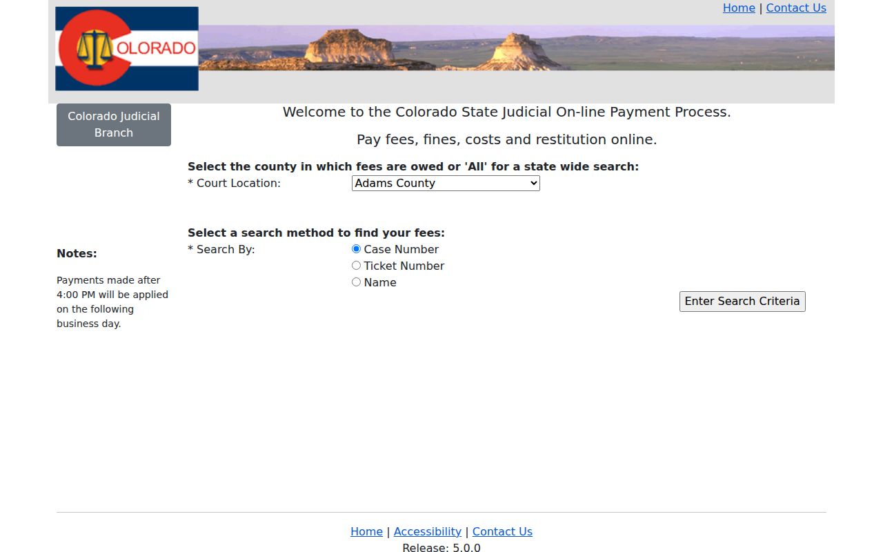 Colorado Judicial Online Payment citation search controls for court location, case, ticket, and name