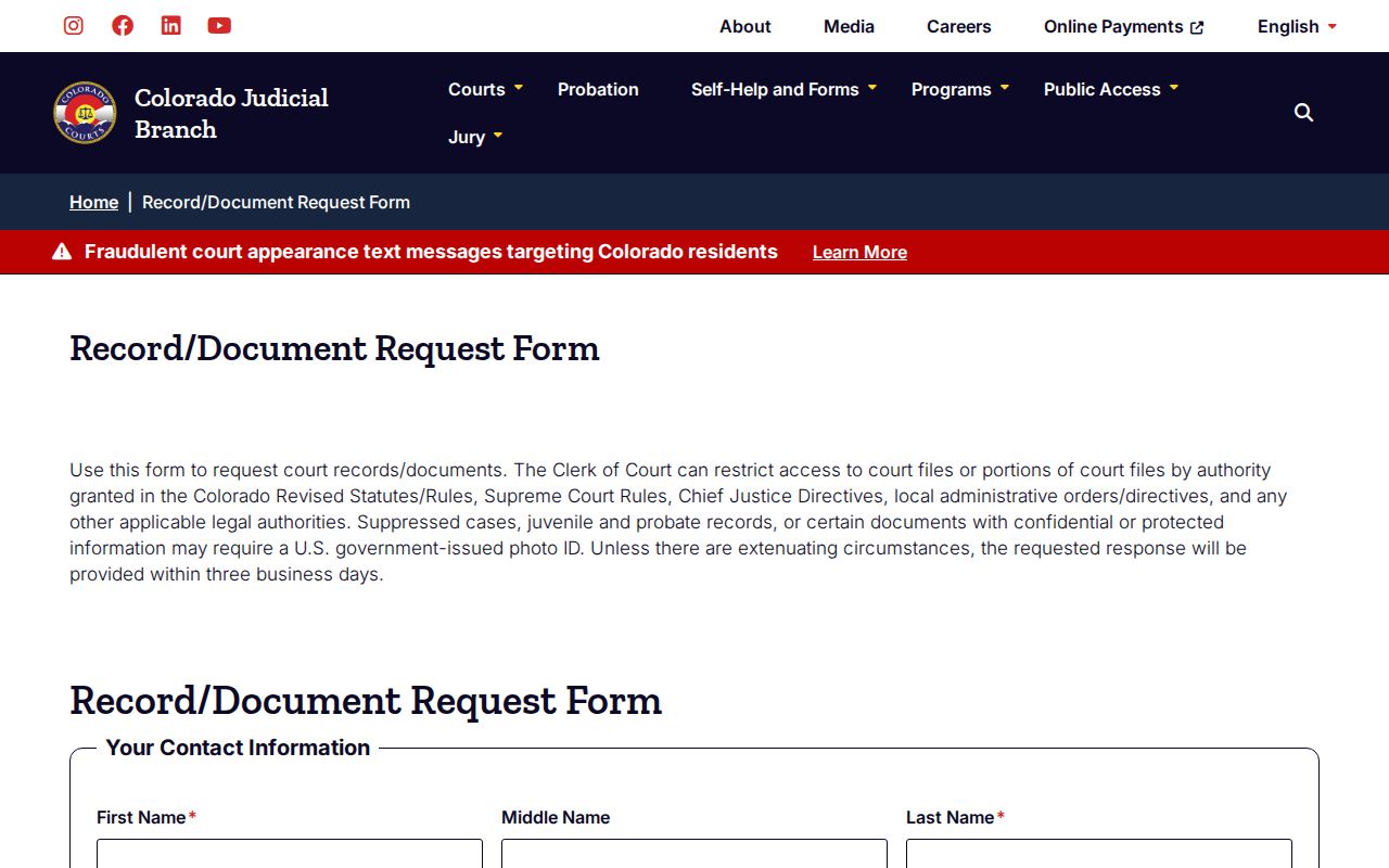 Colorado court record request form with case and document fields