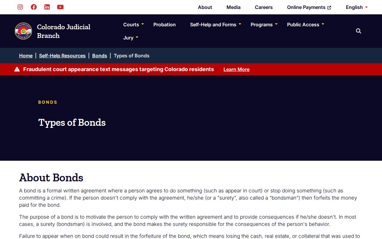 Colorado Judicial types of bonds page describing judge-set bond categories