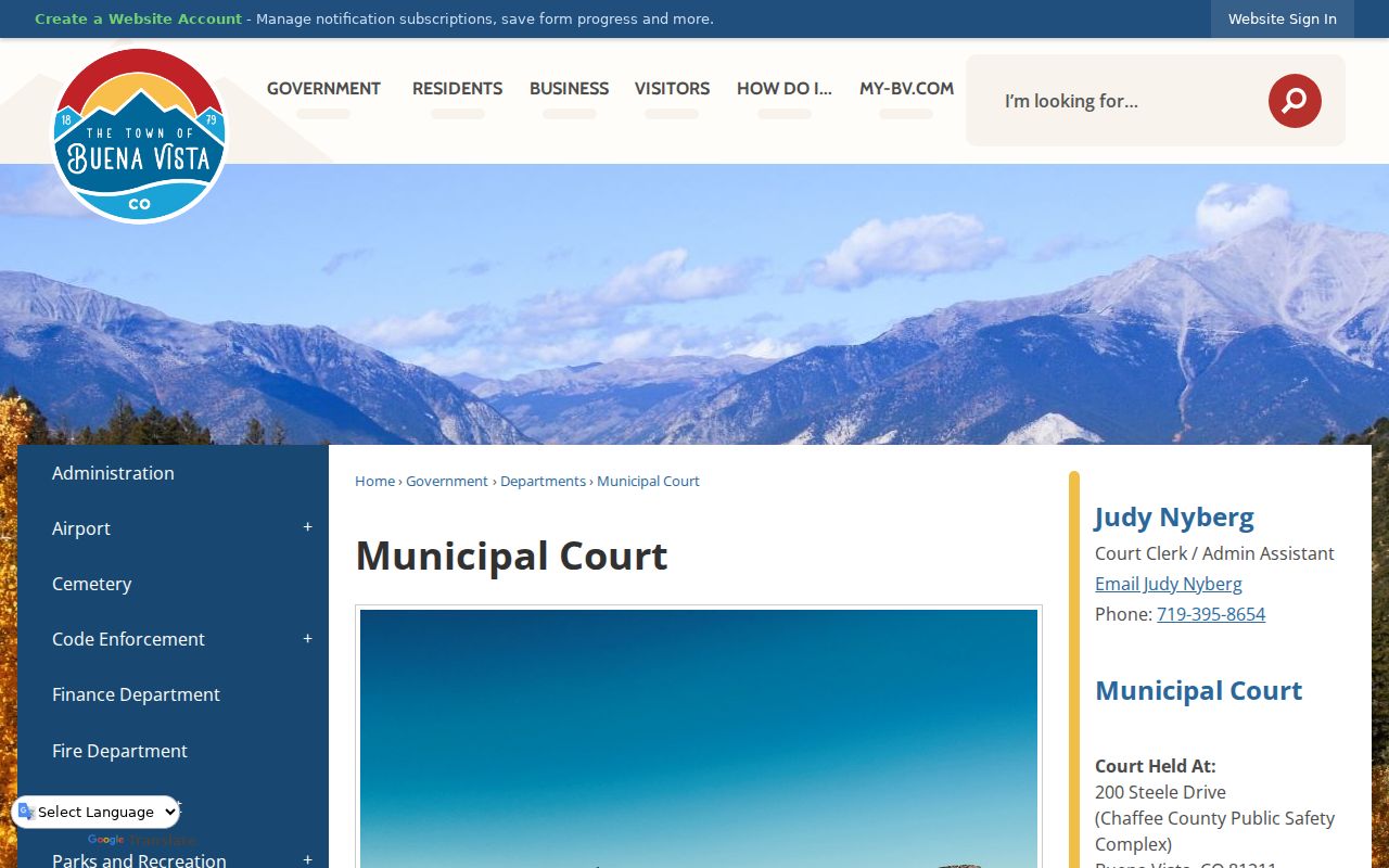 Official Buena Vista Municipal Court page showing its court location and local jurisdiction