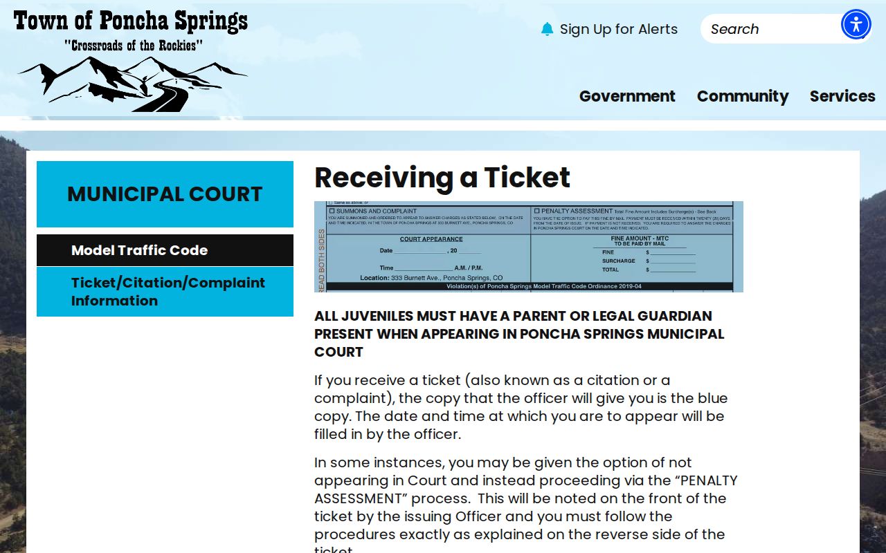 Poncha Springs receiving-a-ticket page with OJW, bench-warrant, payment, and bond instructions