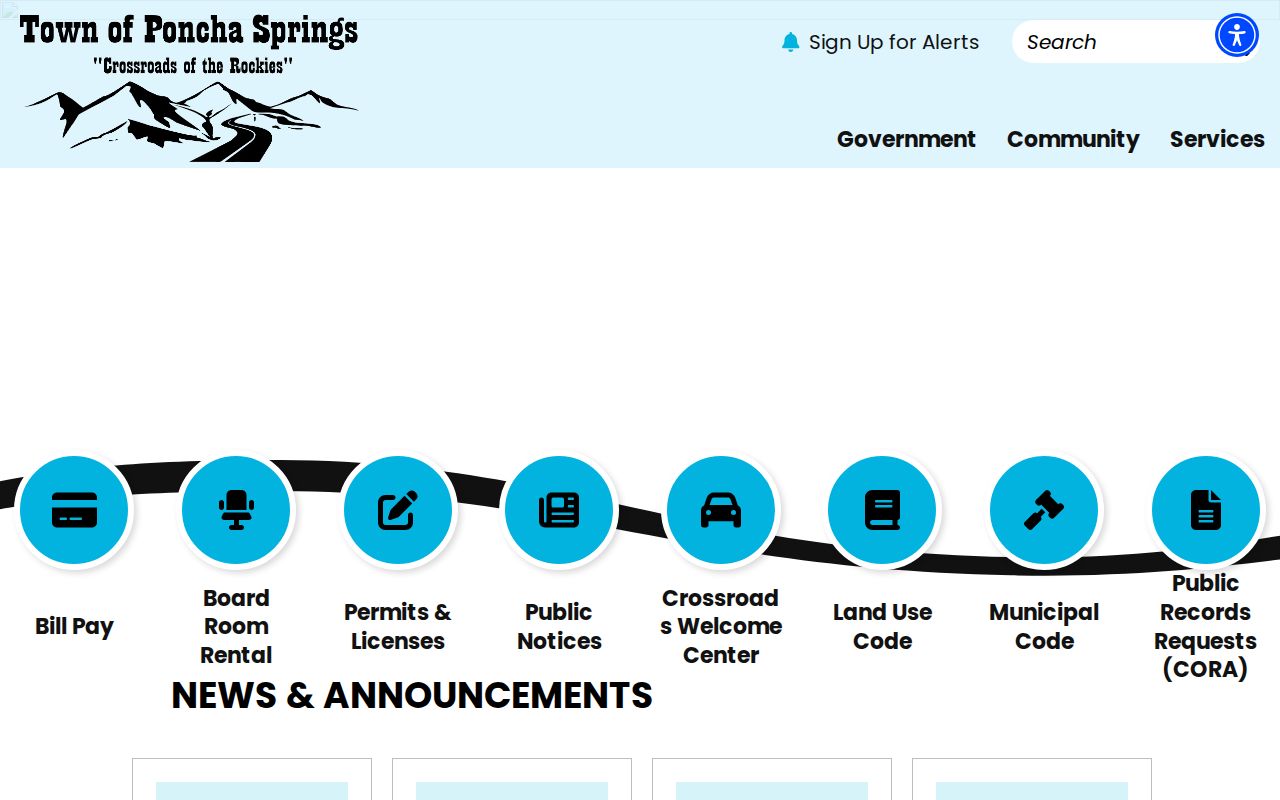 Official Poncha Springs town homepage showing Town Hall and local government navigation