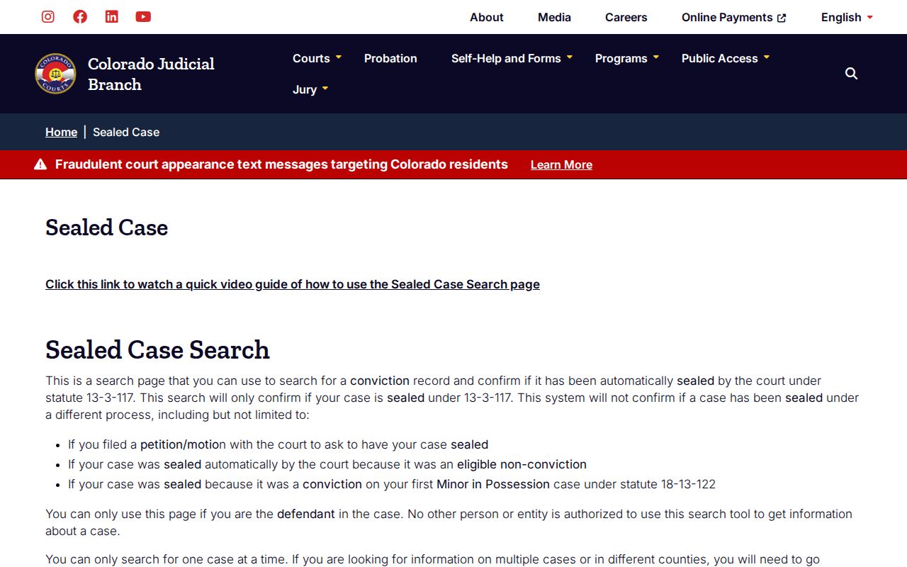 Colorado Judicial sealed-case access screen showing identity and declaration controls