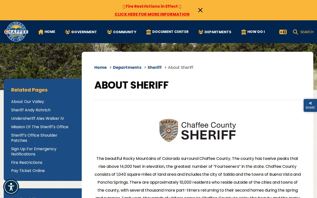 Official Chaffee County Sheriff page showing agency-level warrant records context