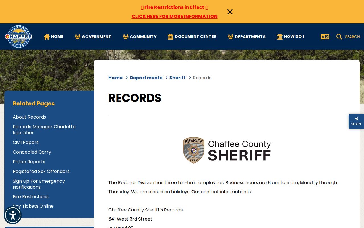 Chaffee County Sheriff's Records Division page showing the official records-request route